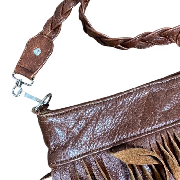Vintage Brown Leather Fringe Crossbody Bag Made In Mexico Braided Strap Boho - Picture 5 of 7